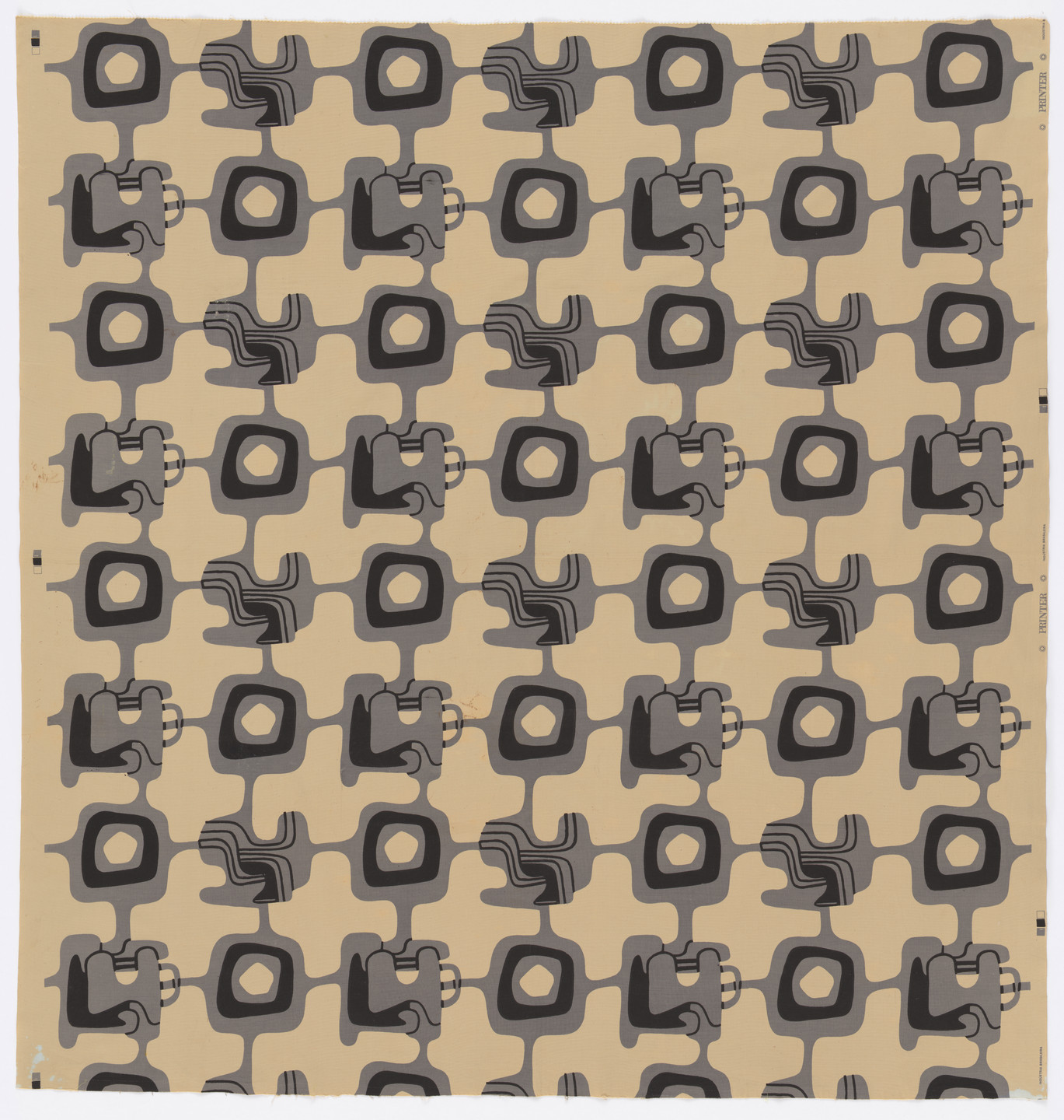 The image features a repeating geometric pattern of irregular shapes in shades of grey and black on a beige background. Each shape has a central, smaller shape surrounded by line details, creating a tiled effect. This is an AI generated description. To give feedback, email ai@moma.org.