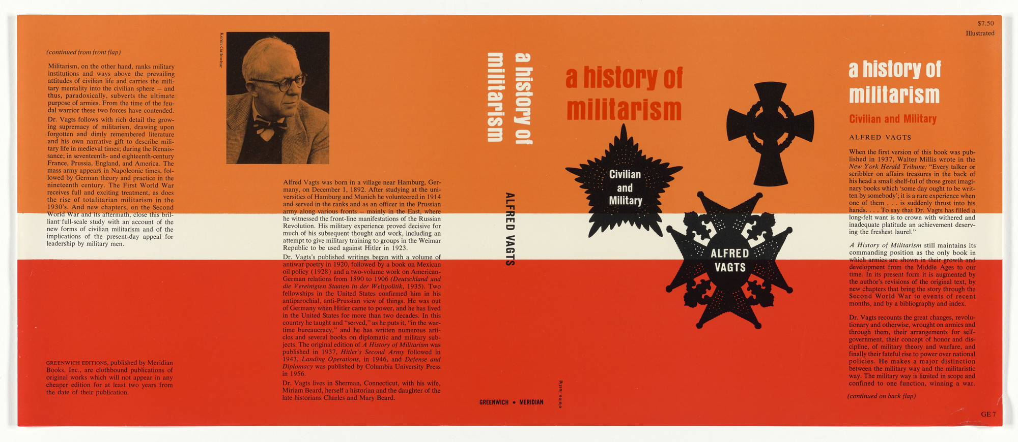 Elaine Lustig Cohen. Book cover for "A History of Militarism" by Alfred Vagts
