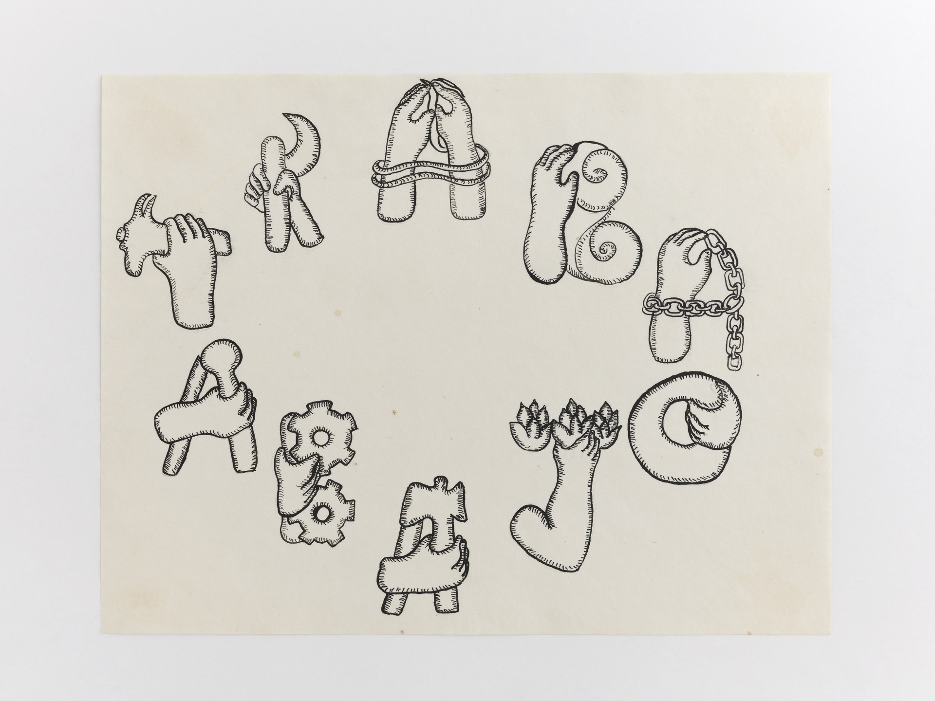 Cecilia Vicuña. Trabajo: trabar desde abajo (Work Joins from Below) from the series AMAzone Palabrarmas. 1978