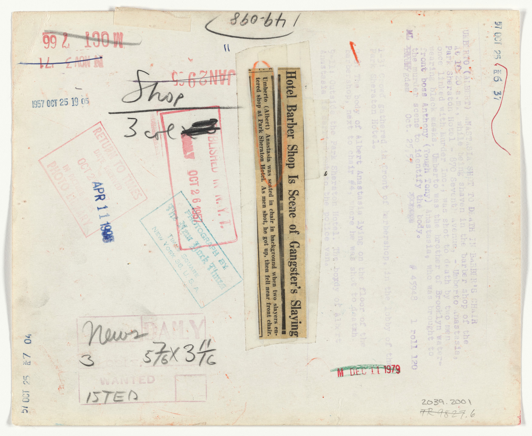 Meyer Liebowitz/The New York Times. Umberto (Albert) Anastasia Shot to Death in Barber&#39;s Chair. October 25, 1957