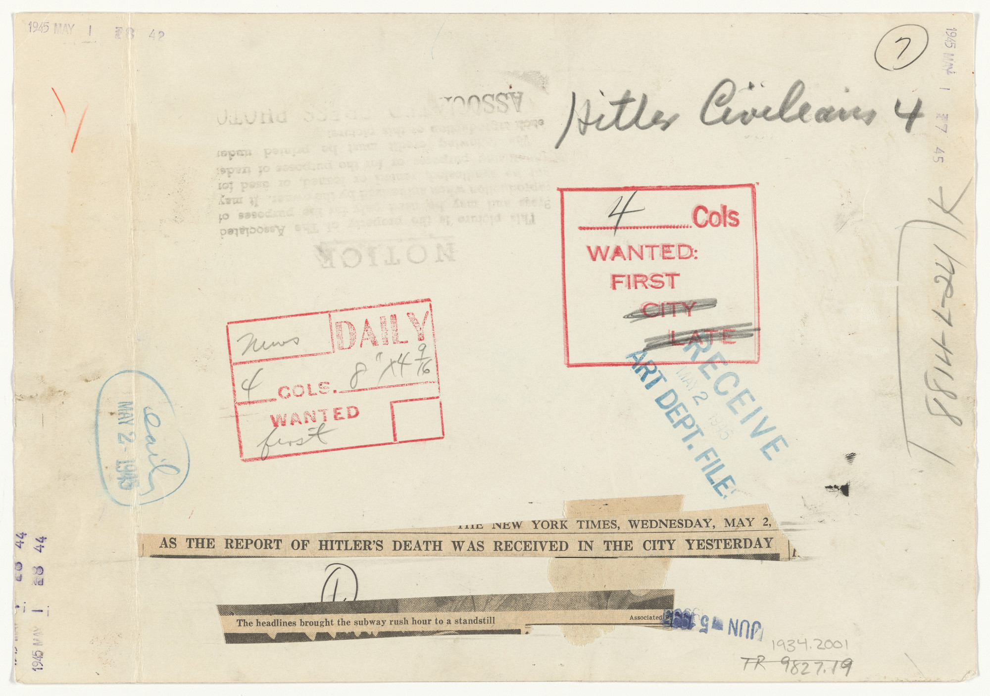 Associated Press. &#34;As the Report of Hilter&#39;s Death Was Recieved in the City&#34;. May 1, 1945