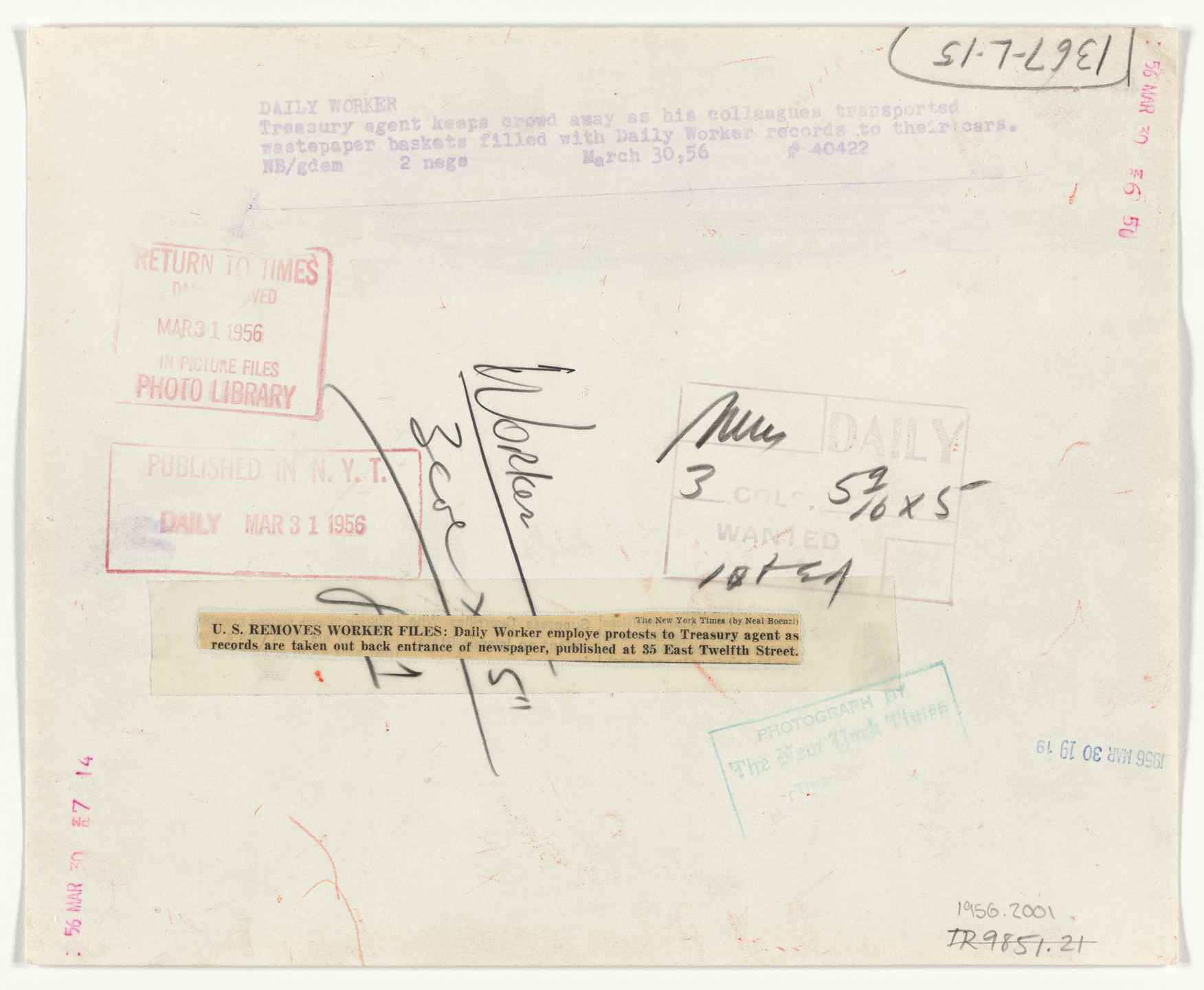 Neal Boenzi/The New York Times. U.S. Removes Worker Files. March 30, 1956