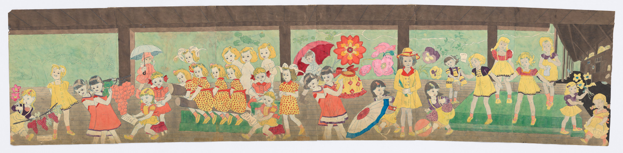 A long line of people, mostly in yellow and red clothing, are in a room with a brown ceiling and green wall, holding flowers, umbrellas, and parasols. The background features green foliage. This is an AI generated description. To give feedback, email ai@moma.org.