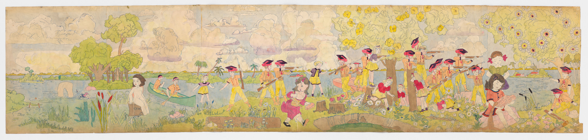 Henry Darger. a) Untitled (Sombreros and orange canyon) b