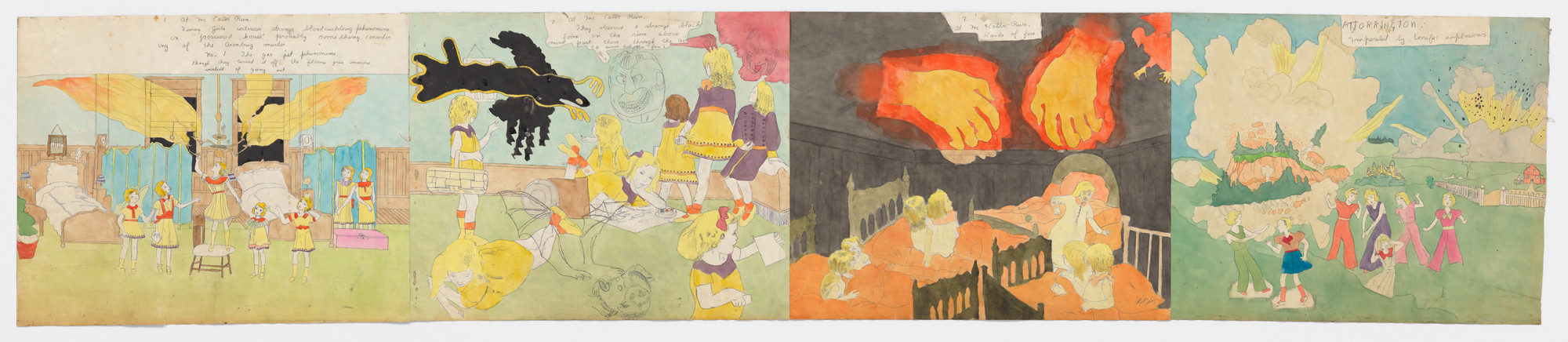 Henry Darger. a) At McCalls run. A demon appears in room. Hands of fire. Torrington imperaled by explosion b) At Jennie Richee During full fury of storm enemy soldiers seize them at the caves mouth and they are strangled to senselessness,. n.d.