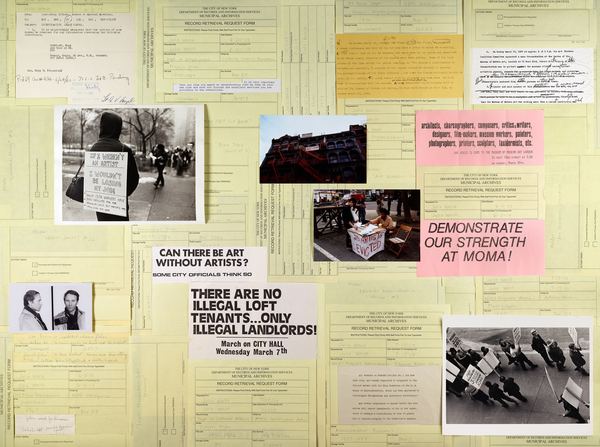 The image features documents with yellow and pink backgrounds overlaid with black-and-white and color photos of protest signs. Main sign texts include "CAN THERE BE ART WITHOUT ARTISTS?" and "DEMONSTRATE OUR STRENGTH AT MOMA!" This is an AI generated description. To give feedback, email ai@moma.org.
