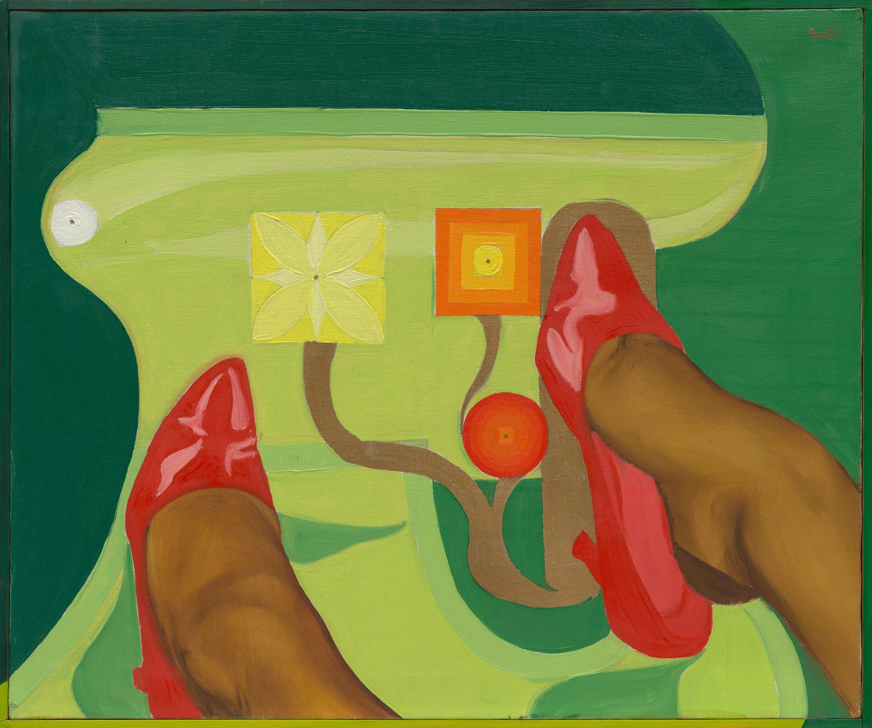 The image shows two feet wearing red shoes against a green background with several geometric shapes, including a yellow square and an orange square. The shapes have connecting brown lines, and there is shading on the feet, indicating lighting from above. This is an AI generated description. To give feedback, email ai@moma.org.