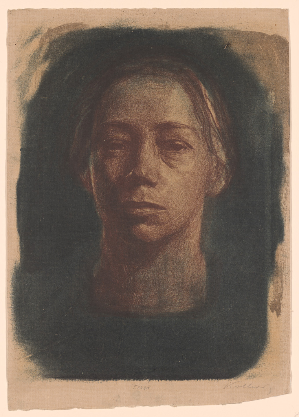 The image depicts a sepia-toned face against a dark background, with prominent shadows highlighting the facial features. The subject has a neutral expression and appears to be looking directly ahead. This is an AI generated description. To give feedback, email ai@moma.org.