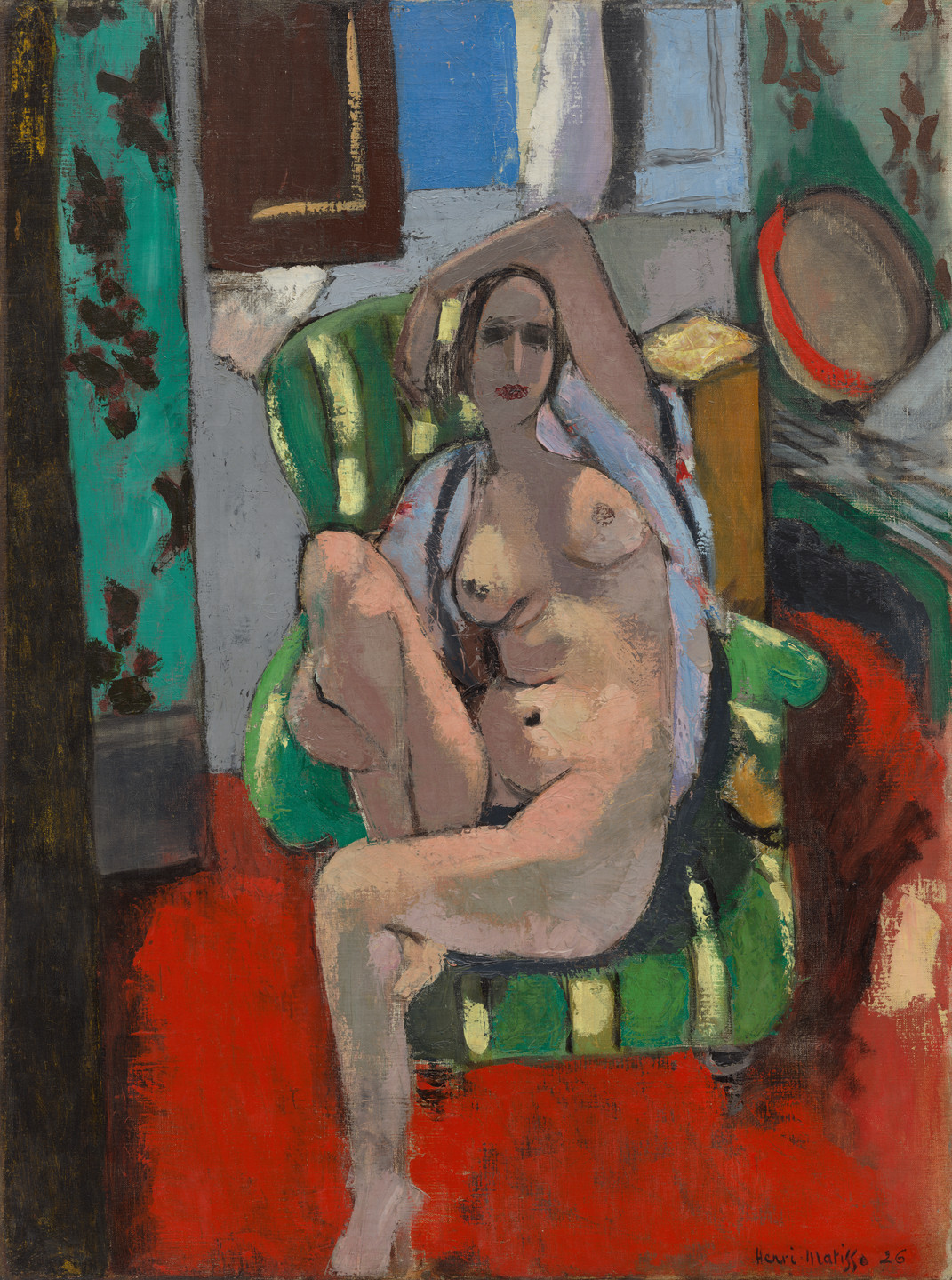 The painting depicts a person reclining on a green armchair with a red rug and patterned walls, featuring dominant green and red colors. The background includes shades of blue, brown, and some yellow. This is an AI generated description. To give feedback, email ai@moma.org.