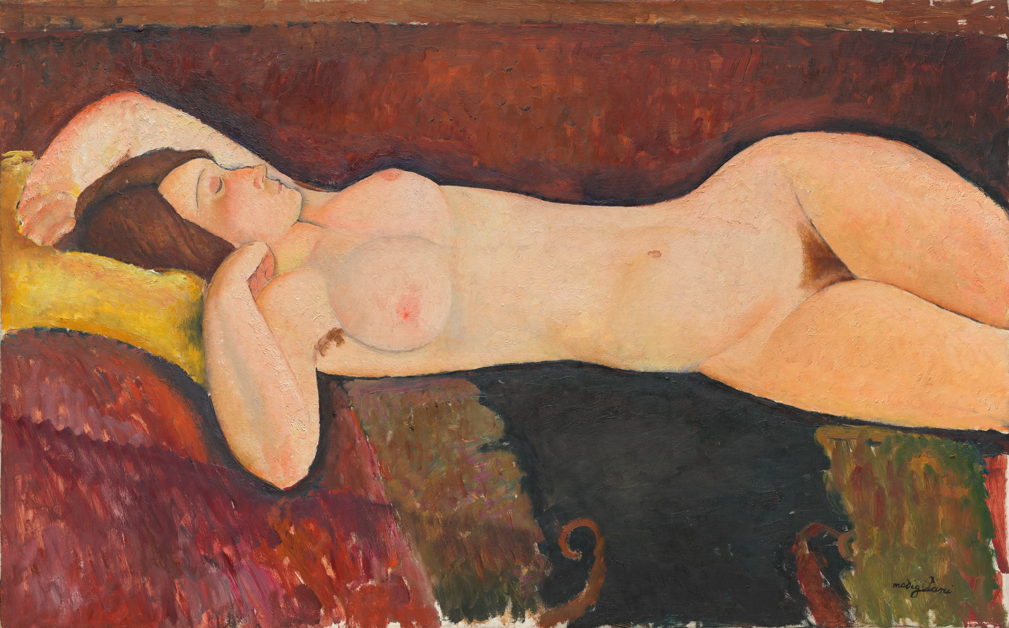 A reclining nude figure with peach-colored skin is resting on a couch with a yellow cushion and reddish-brown and black drapery. The background is composed of dark earthy tones. This is an AI generated description. To give feedback, email ai@moma.org.
