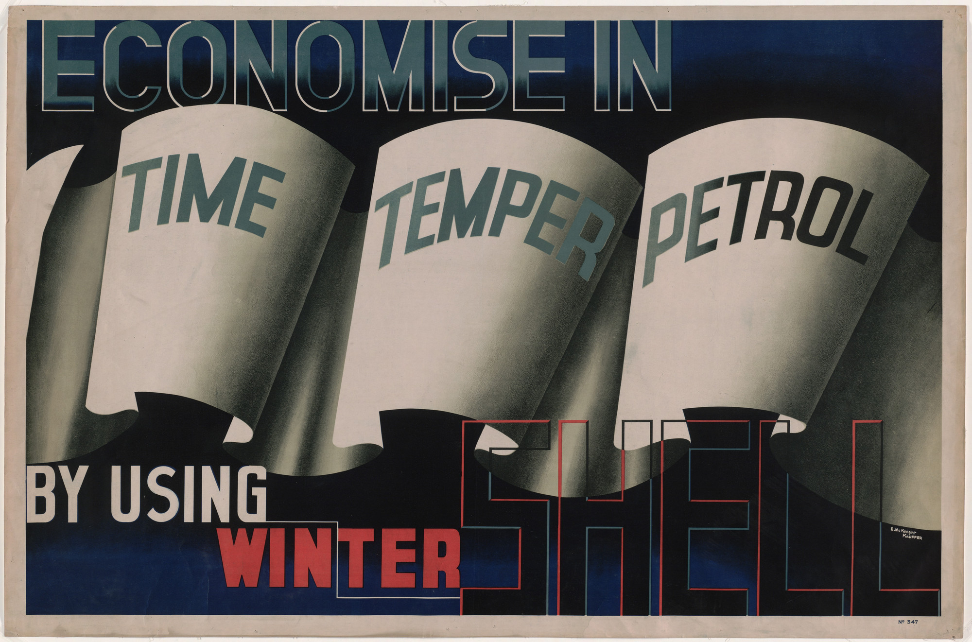 E. McKnight Kauffer. Economise in Time, Temper, Petrol by Using Winter Shell
