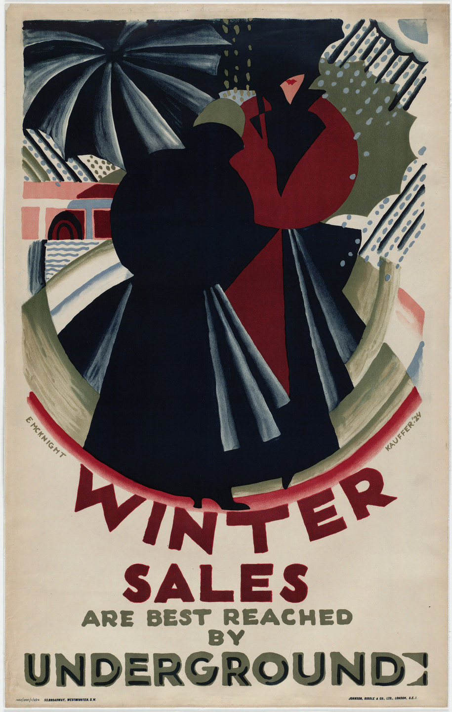 E. McKnight Kauffer. Winter Sales Are Best Reached by Underground. 1924