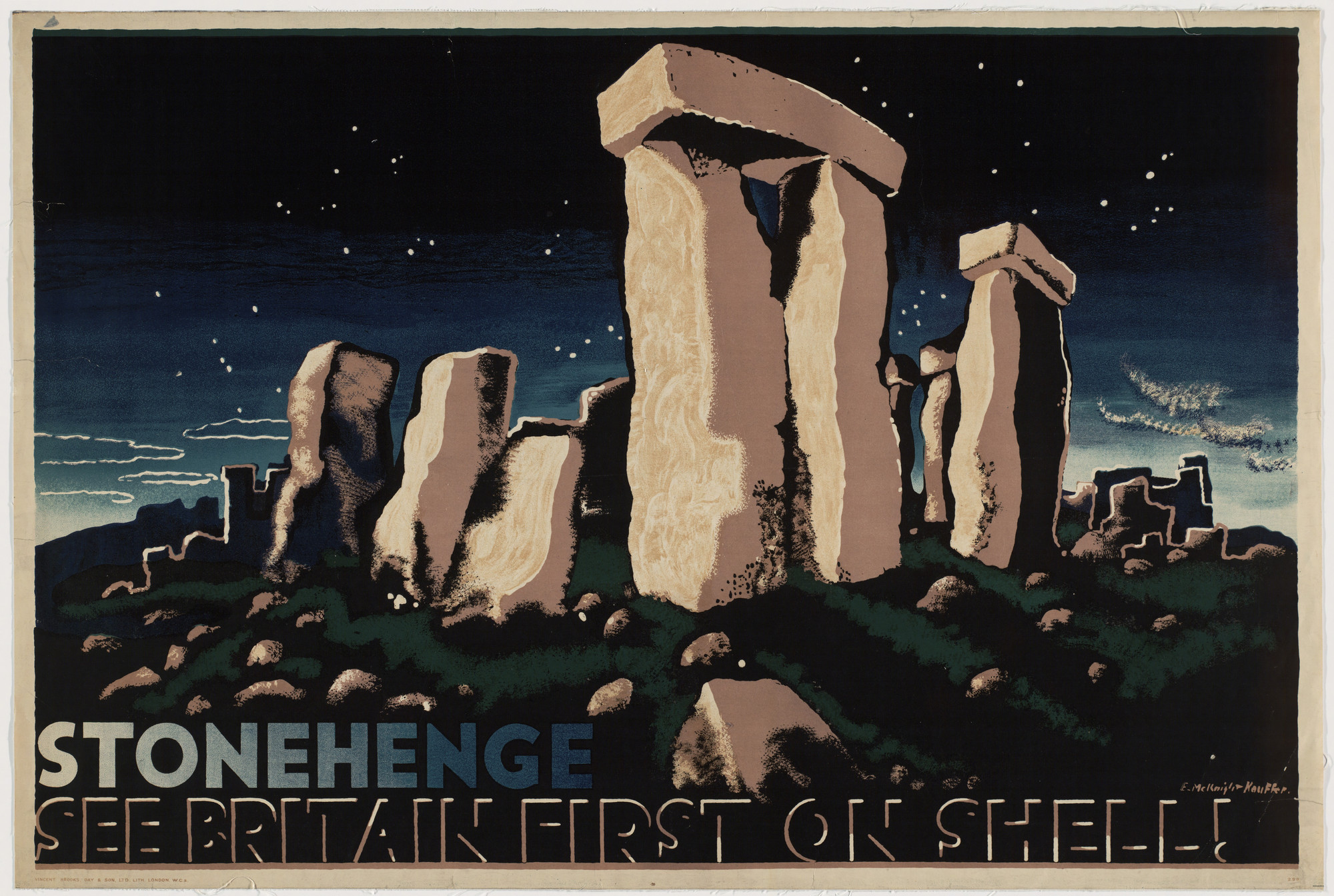 E. McKnight Kauffer. Stonehenge, See Britain First on Shell!