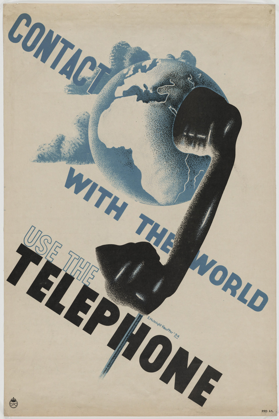 The image features a black telephone receiver superimposed over a blue and white globe, with the text &#34;Contact with the world, use the telephone&#34; in blue and black. The background is beige with a slightly worn texture. This is an AI generated description. To give feedback, email ai@moma.org.
