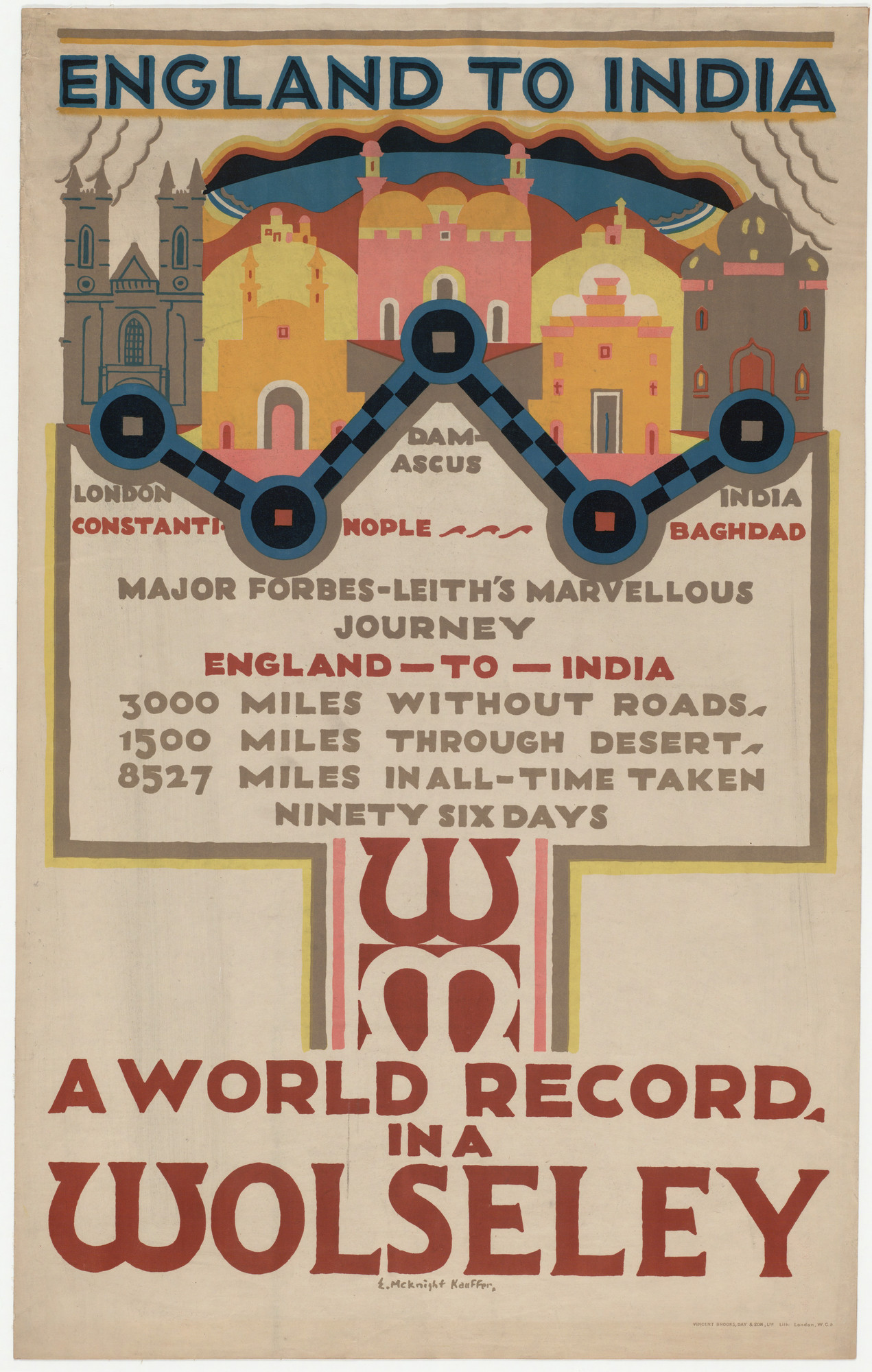 E. McKnight Kauffer. England to India, A World Record in a Wolseley