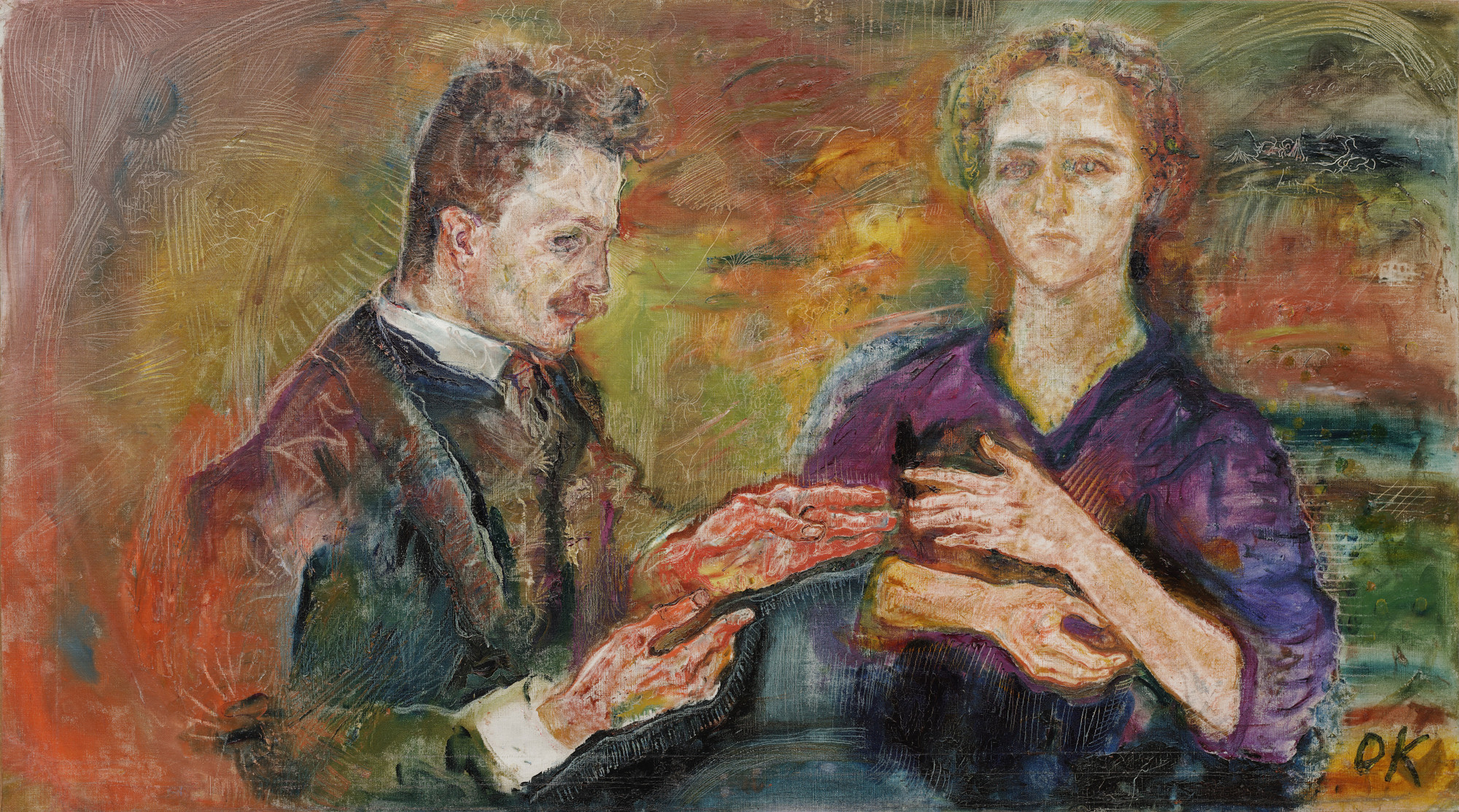 Two figures interacting with their hands extended. The background blends vibrant colors, including greens, oranges, yellows, and reds. This is an AI generated description. To give feedback, email ai@moma.org.