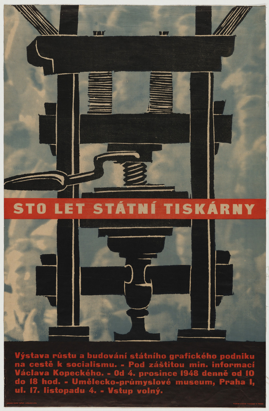 Petr Tučný. Sto Let Státní Tiskárny (A Century of State Printing) (Poster for exhibition of graphic design &#39;on the road to socialism,&#39; held at the Museum of Applied Arts, Prague). 1948