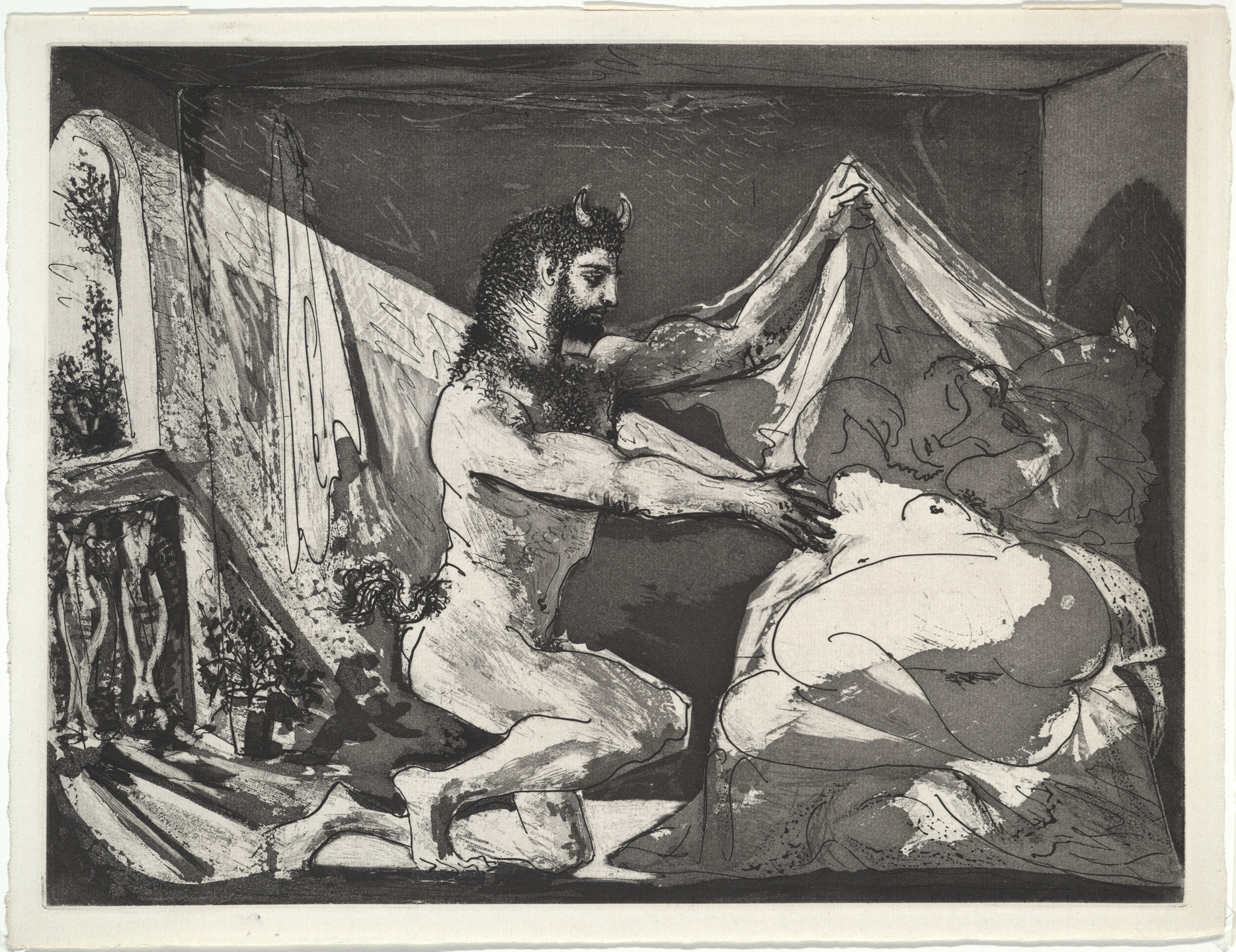 Pablo Picasso. Faun Unveiling a Sleeping Girl (Jupiter and Antiope, after Rembrandt) (Faune dévoilant une dormeuse [Jupiter et Antiope, d&#39;après Rembrandt]) from the Vollard Suite (Suite Vollard). 1936, published 1939