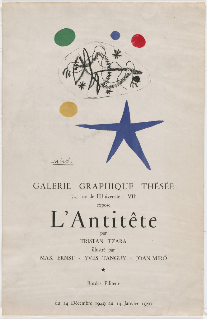 Galerie Graphique Thésée expose L' Antitête par Tristan Tzara Illustré par Max Ernst - Yves Tanguy - Joan Miró