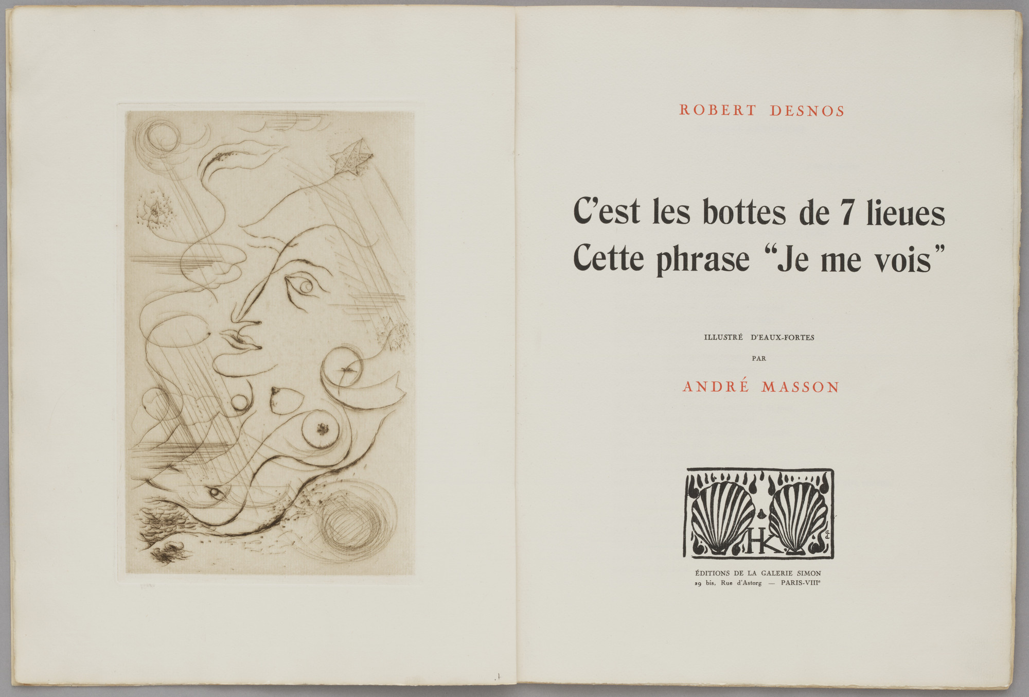 André Masson. Portrait of Robert Desnos (frontispiece) from C'est les bottes de 7 lieues: Cette phrase "Je me vois"
