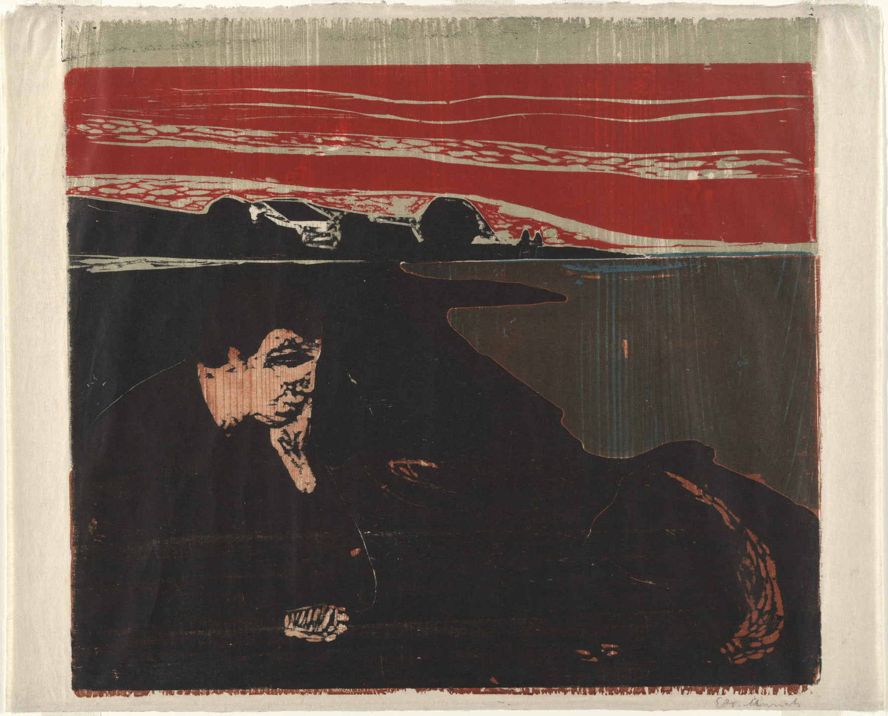 A person with downcast eyes is depicted in dark tones, set against a backdrop of a red and beige sky with distant structures. The image features sharp contrasts between deep black, red, and lighter beige colors. This is an AI generated description. To give feedback, email ai@moma.org.