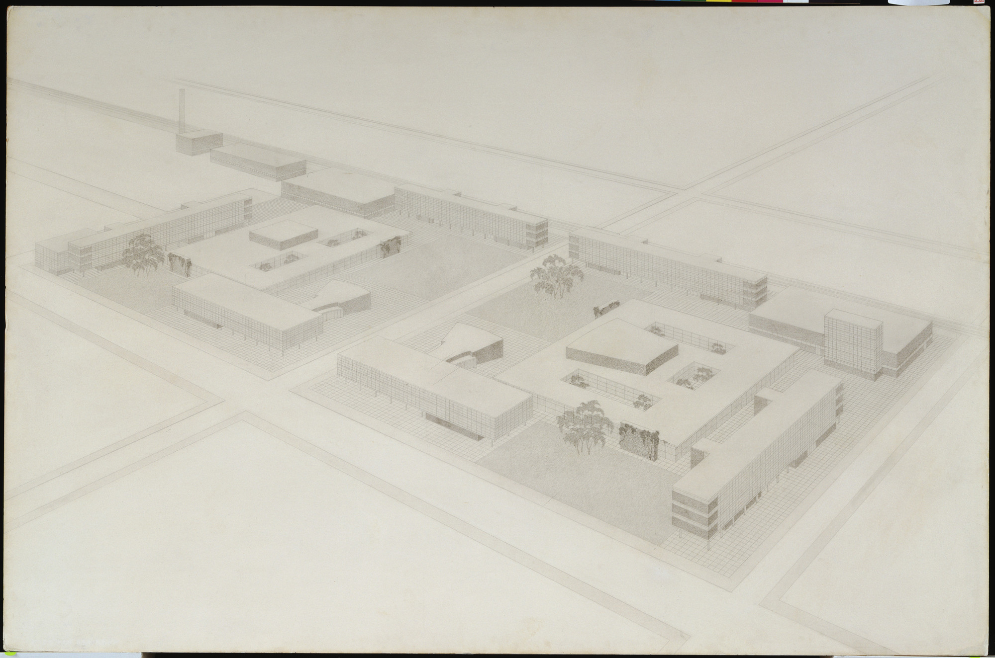 Ludwig Mies van der Rohe. IIT Master Plan, Chicago, IL (Campus, aerial perspective, preliminary version). c. 1939-40