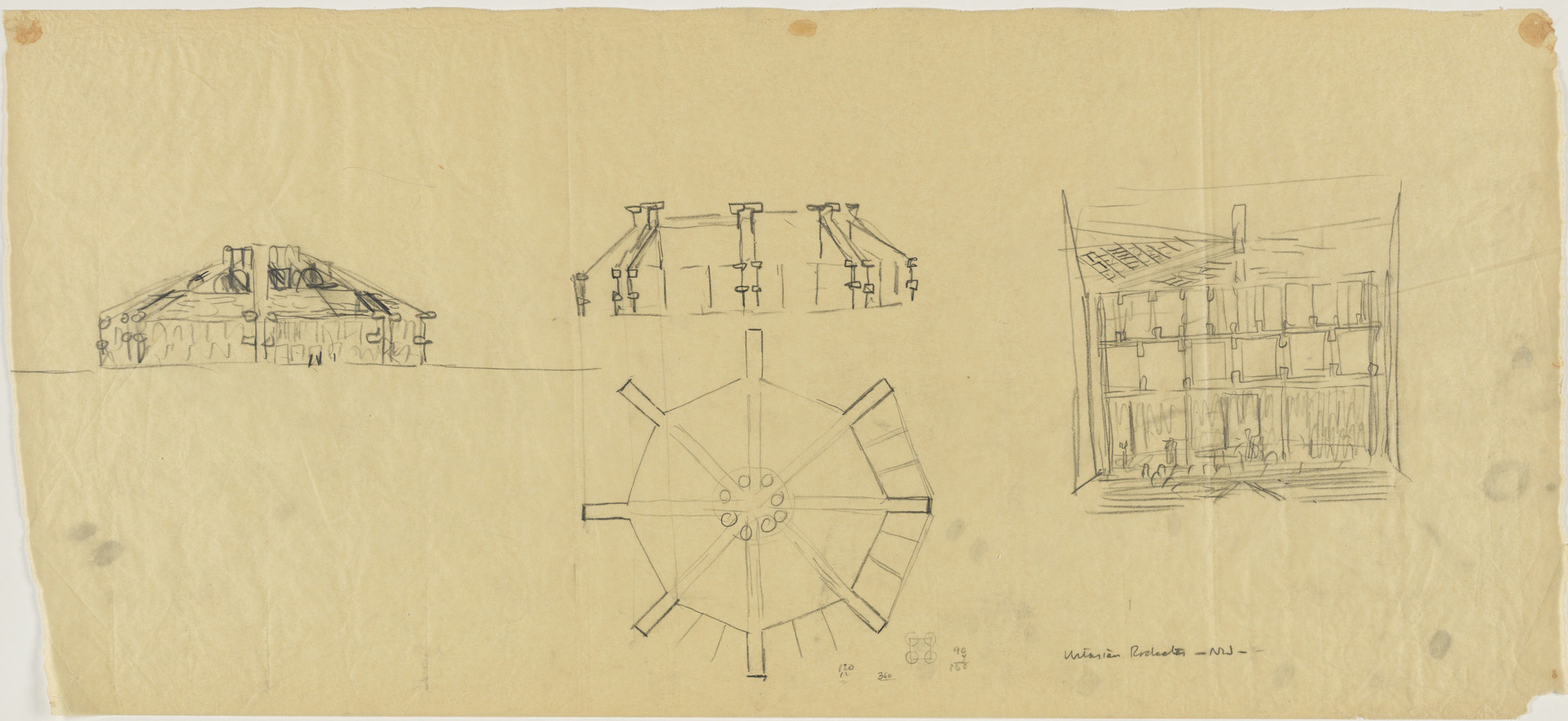 Louis I. Kahn. First Unitarian Church and School, Rochester, New York, Plan, elevation, and interior perspective sketches