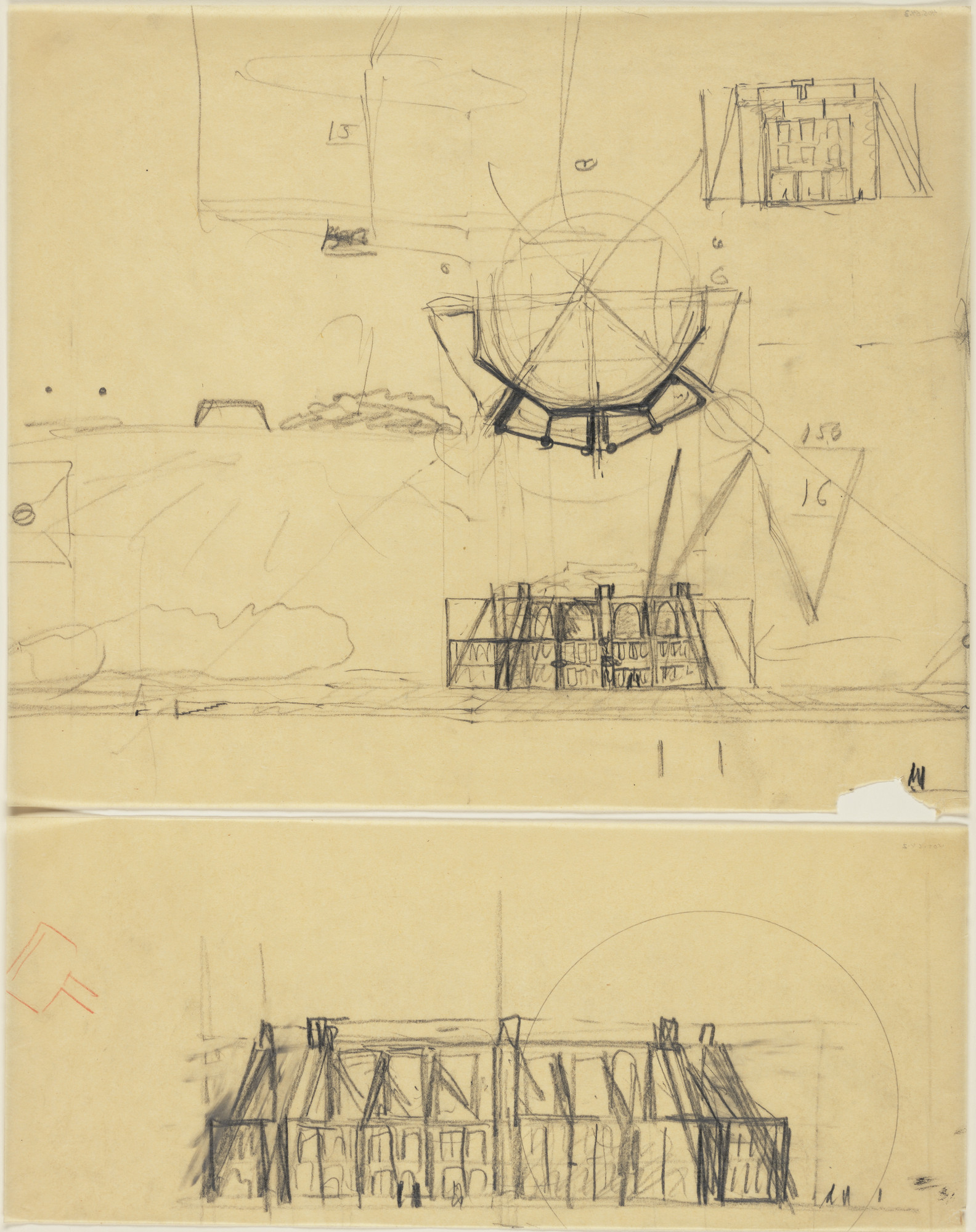 Louis I. Kahn. First Unitarian Church and School, Rochester, New York, Plan, elevation, and perspective sketches