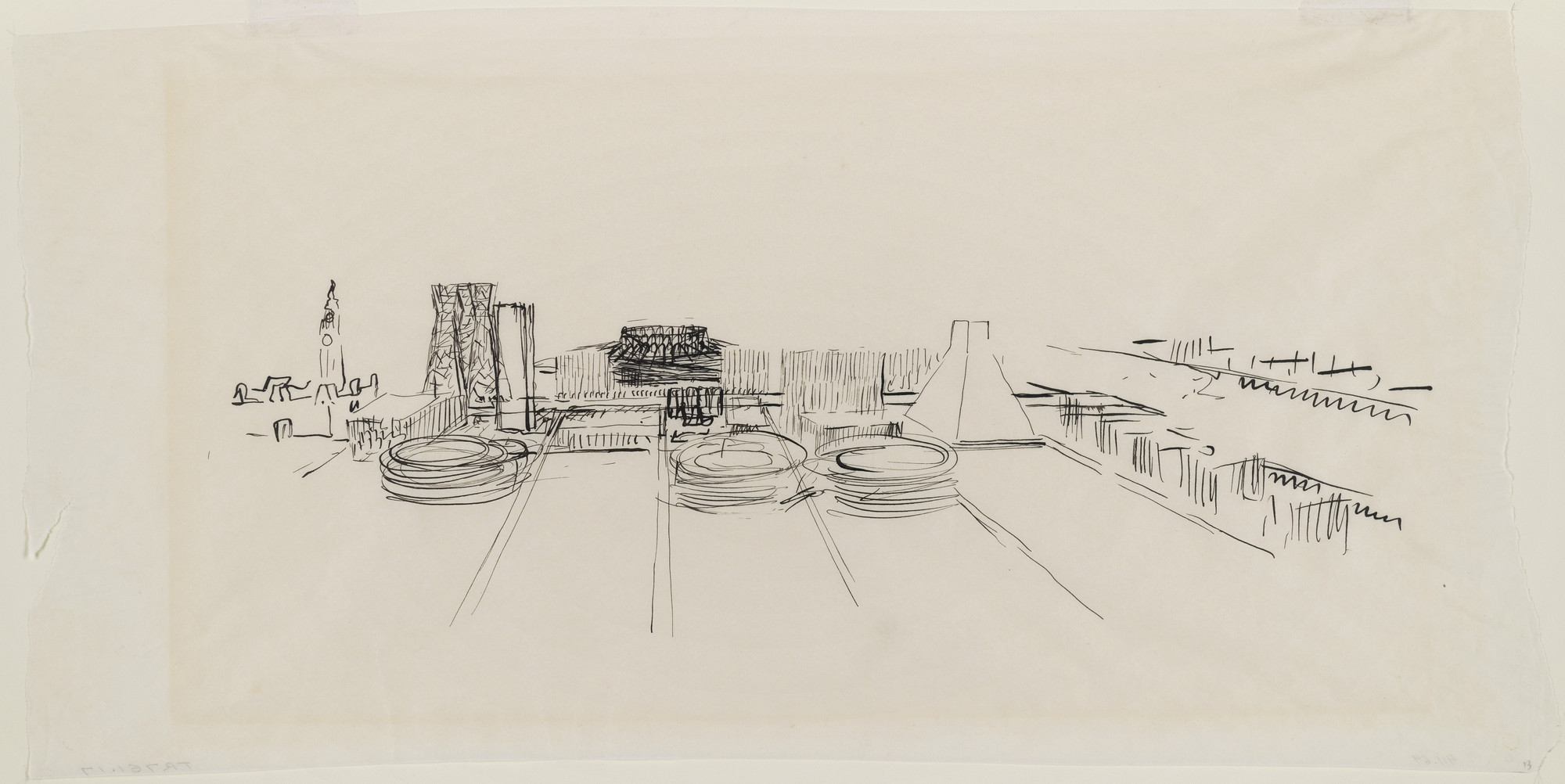 Louis I. Kahn. Civic Center Studies, project, Philadelphia, Pennsylvania, Aerial perspective. 1956-57