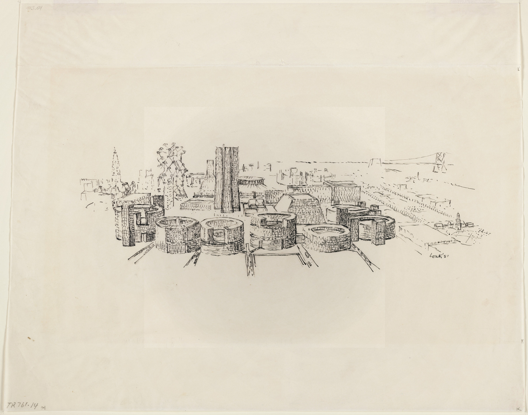 Louis I. Kahn. Civic Center, project, Philadelphia, Pennsylvania, Aerial perspective. 1957