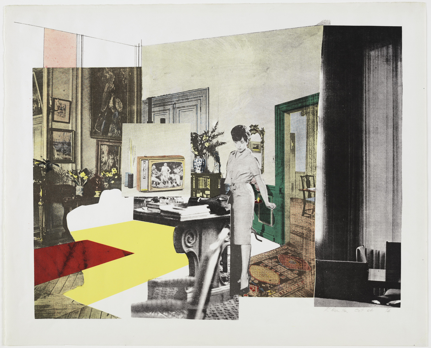 A collage features a figure in a room with a green doorway, surrounded by furniture and decorative items. The colors are predominantly beige, yellow, red, and green, with some black and white elements. This is an AI generated description. To give feedback, email ai@moma.org.