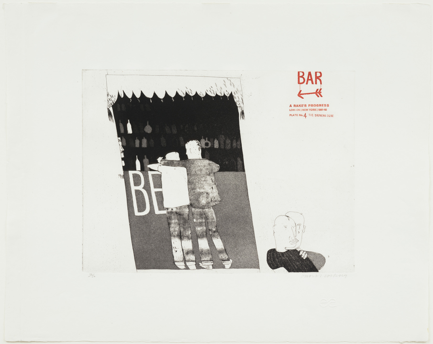David Hockney. The Drinking Scene (plate 4) from A Rake&#39;s Progress. 1961–62, published 1963