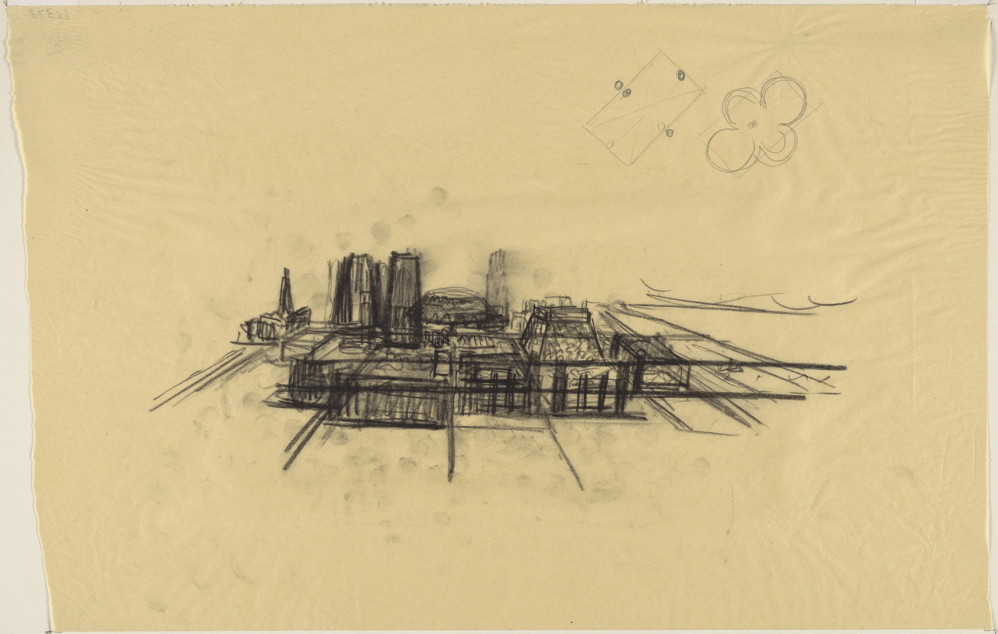 Louis I. Kahn. Civic Center Studies, project, Philadelphia, Pennsylvania, Aerial perspective sketch. 1957