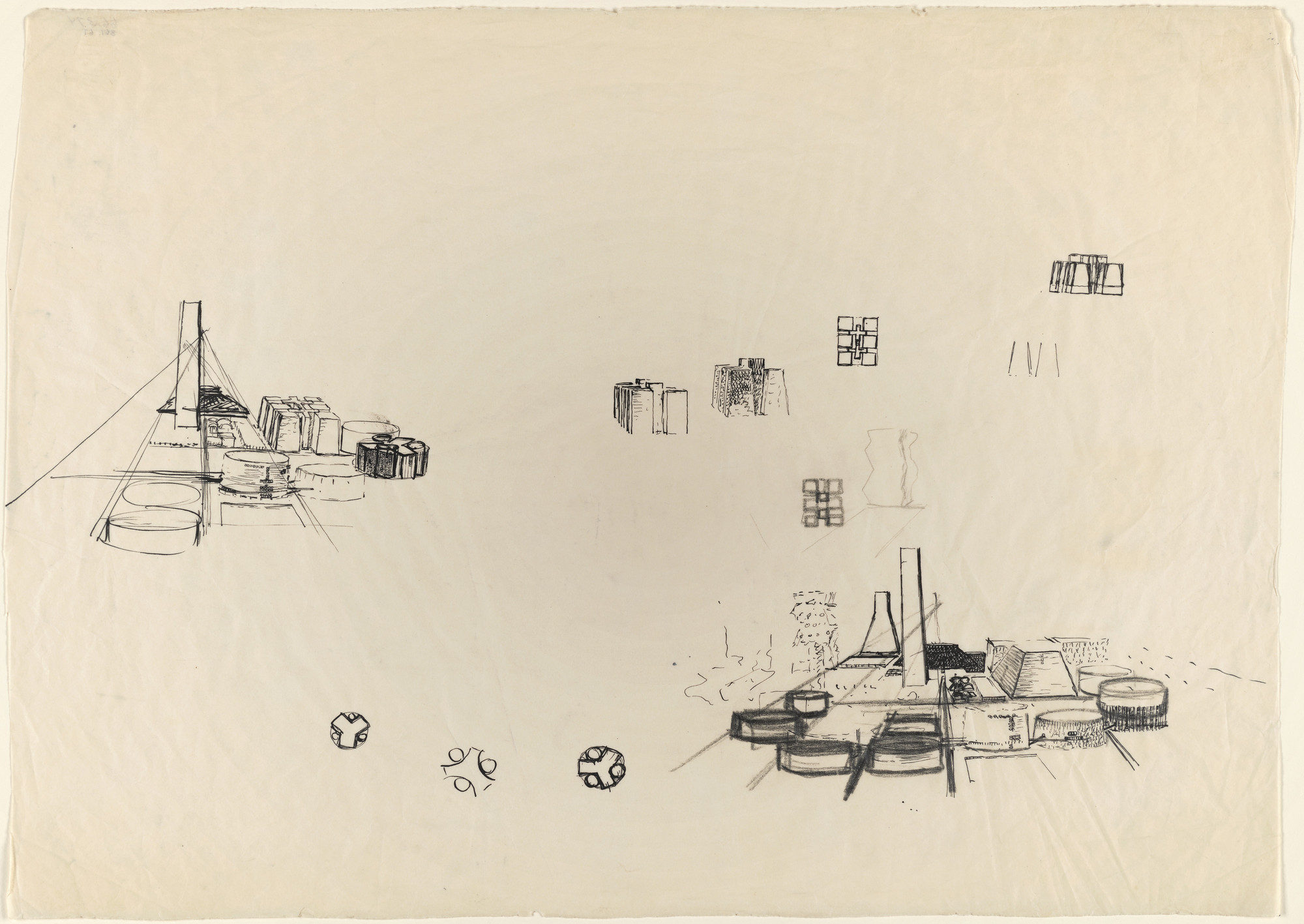Louis I. Kahn. Civic Center Studies, project, Philadelphia, Pennsylvania, Aerial perspective sketches. 1956-57