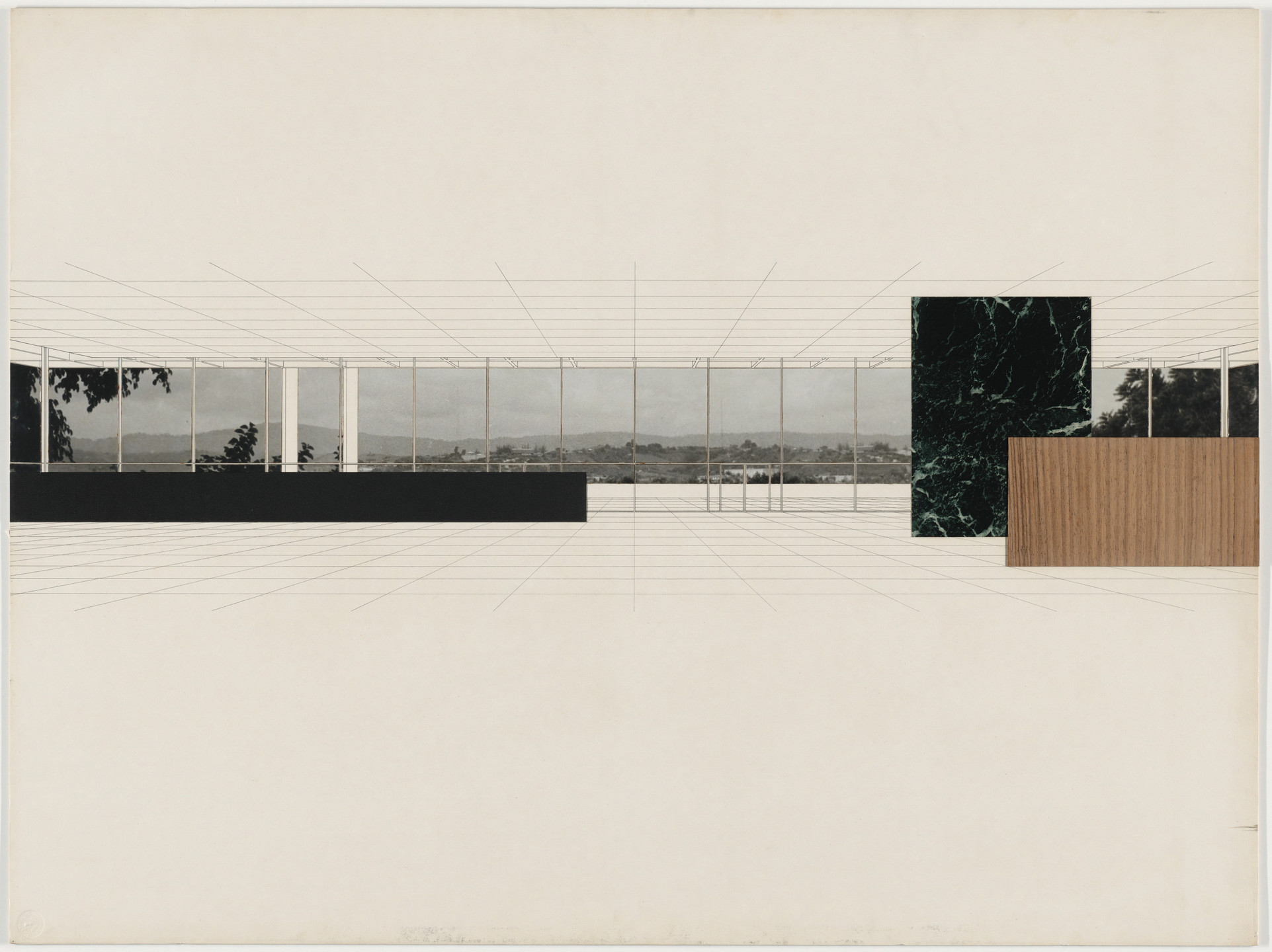 Ludwig Mies van der Rohe. Ron Bacardi y Compania, S.A., Administration Building project, Santiago, Cuba (Preliminary version: interior perspective). 1957