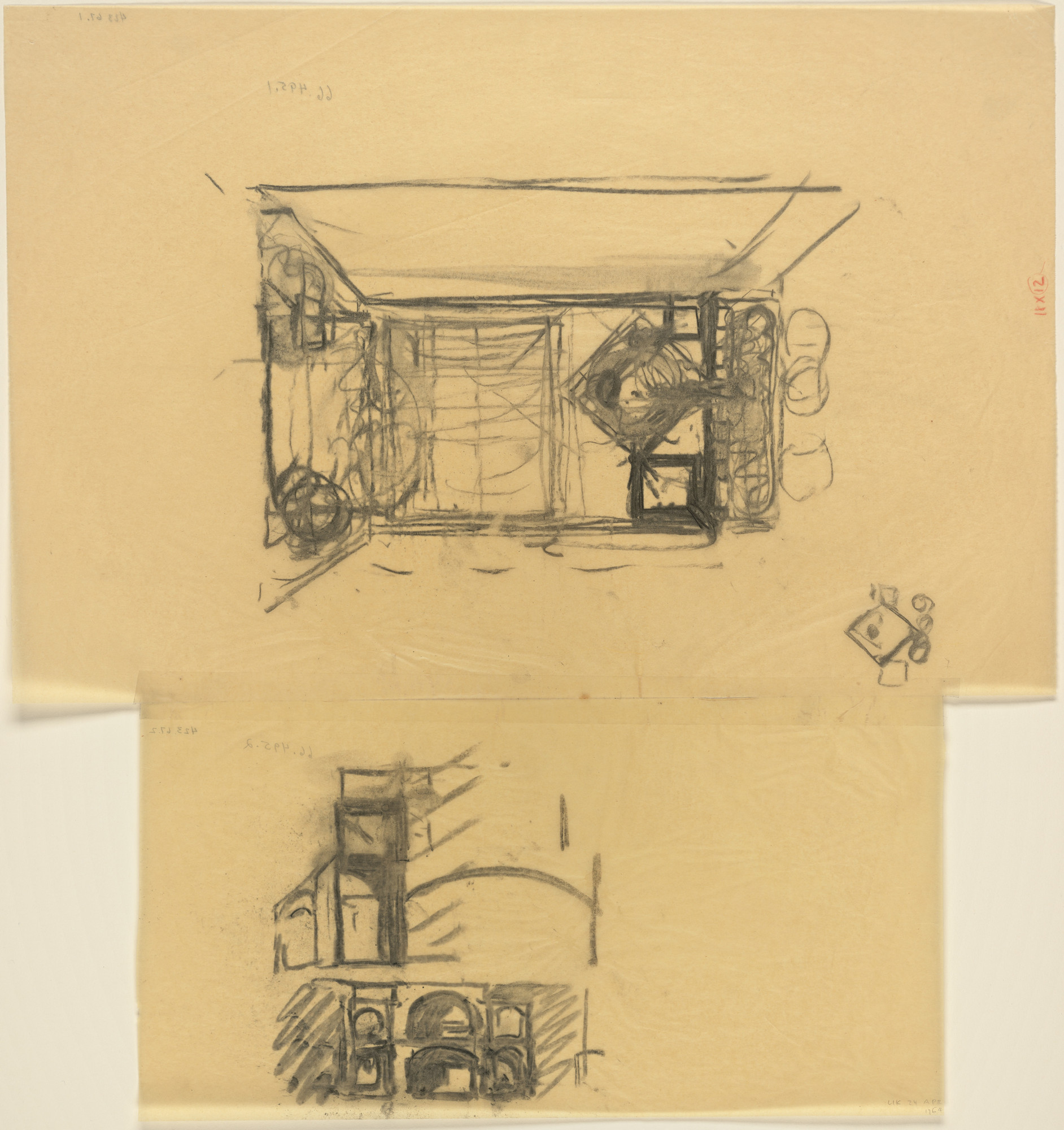 Louis I. Kahn. Indian Institute of Management, Ahmedabad, India, Plan and elevation sketches of classroom building and dormitory