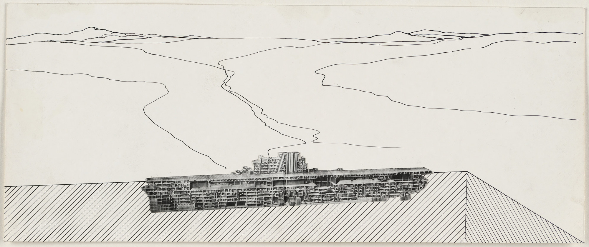 Hans Hollein. Aircraft Carrier in Landscape, project, Section. 1964
