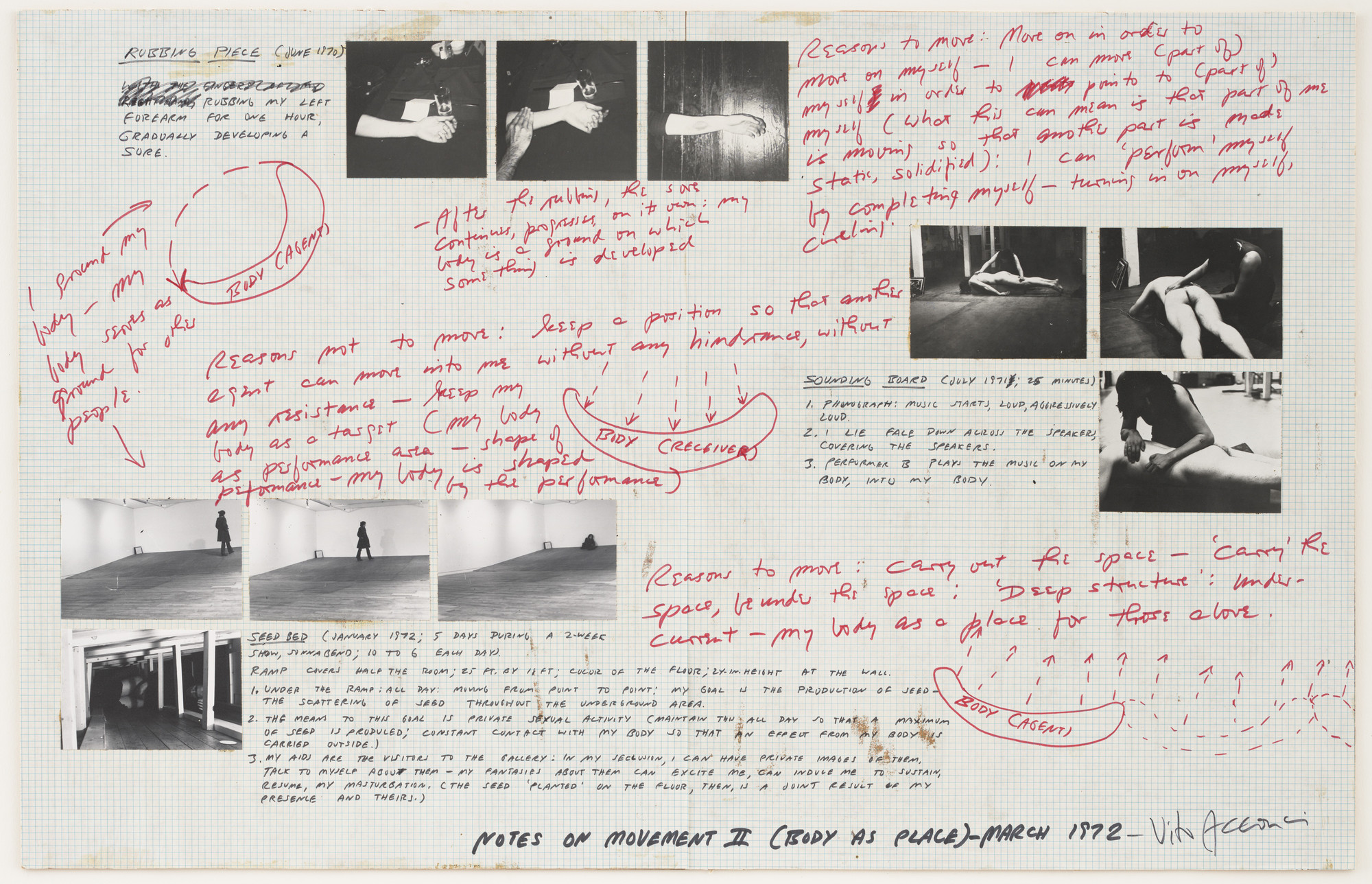 Vito Acconci. Notes on Movement II (Body as Place). March 1972