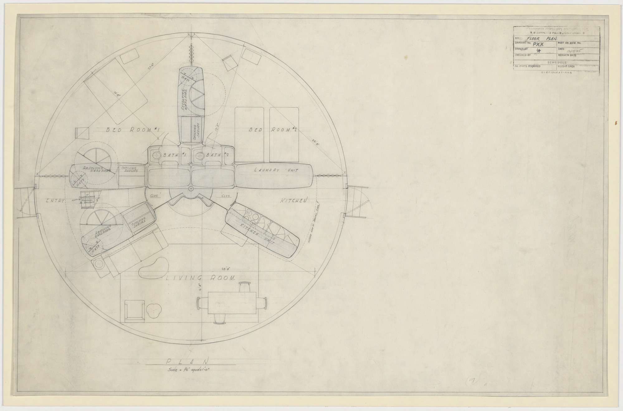 R. Buckminster Fuller. Dymaxion Dwelling Machine project, Wichita House (Study for air circulation: floor plan). 1945
