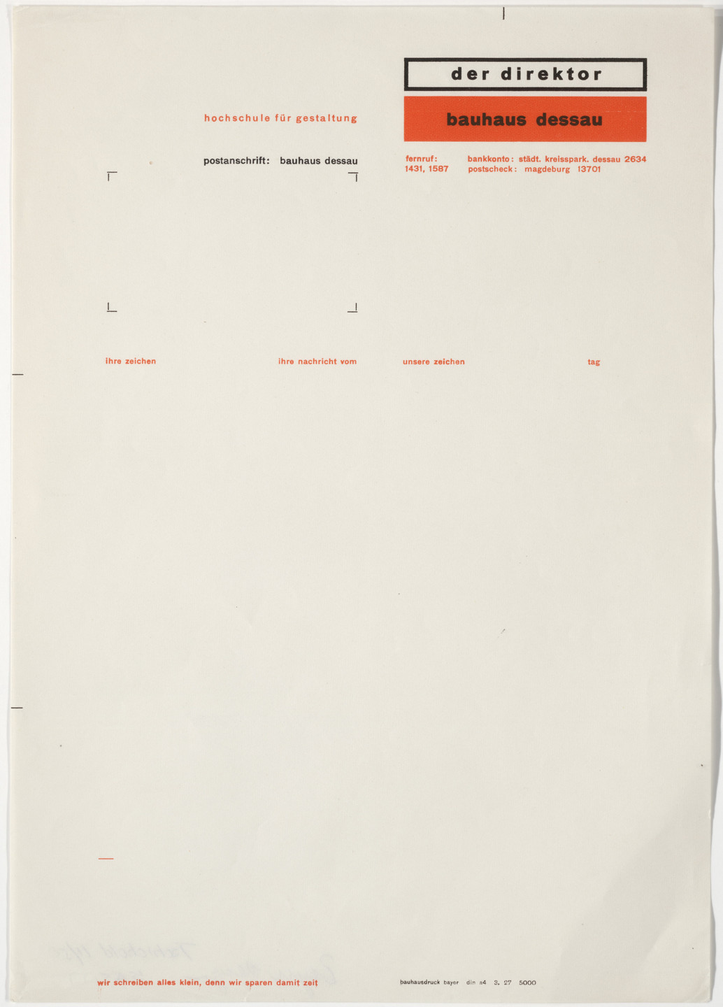 Herbert Bayer. Der Direktor Bauhaus Dessau, Hochschule für Gestaltung (Mailing card for The Director, Bauhaus Dessau, School of Design). 1927