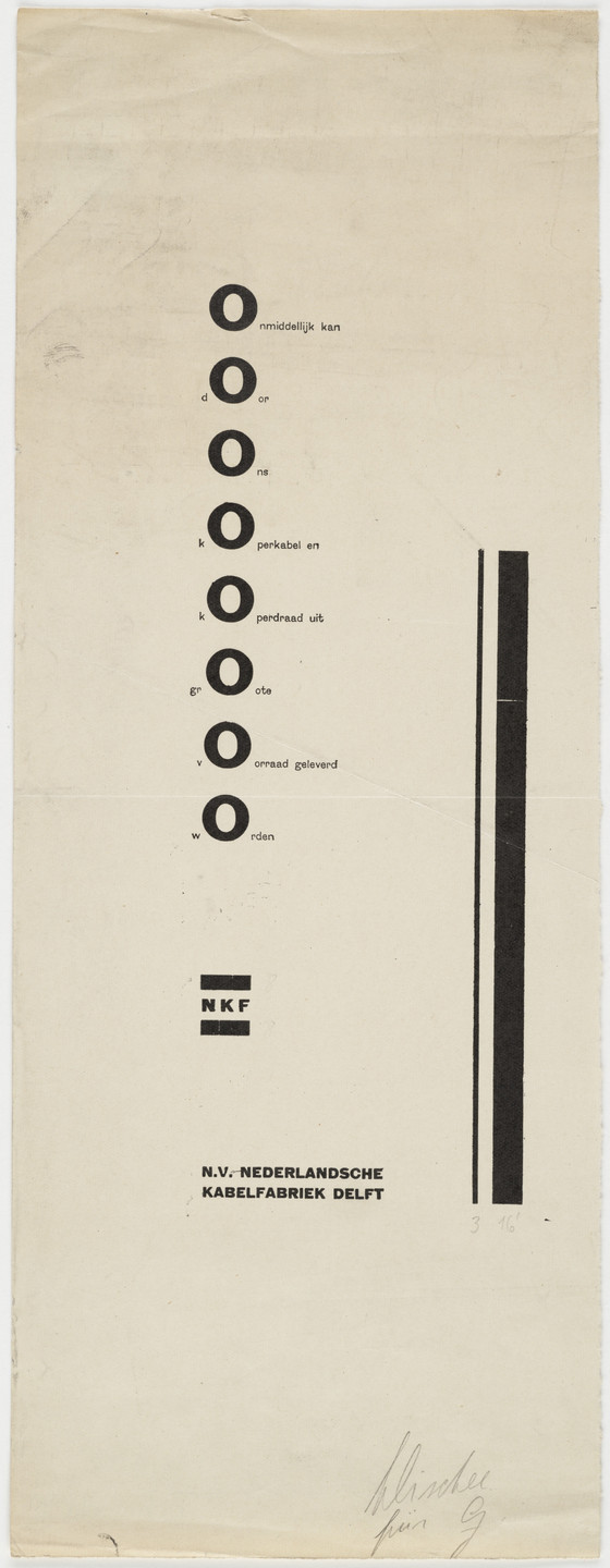 Piet Zwart. Onmiddellijk kan door ons koperkabel en koperdraad uit groote voorraad geleverd worden, N.V. Nederlandsche Kabelfabriek Delft. 1924