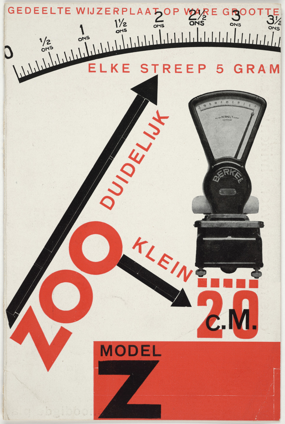 Paul Schuitema. Model Z, zoo duidelijk zoo klein, elke streep 5 gram (Model Z, So Clear So Small, Every Dash 5 Grams) (Advertisement for a scale manufactured by Berkel). 1928