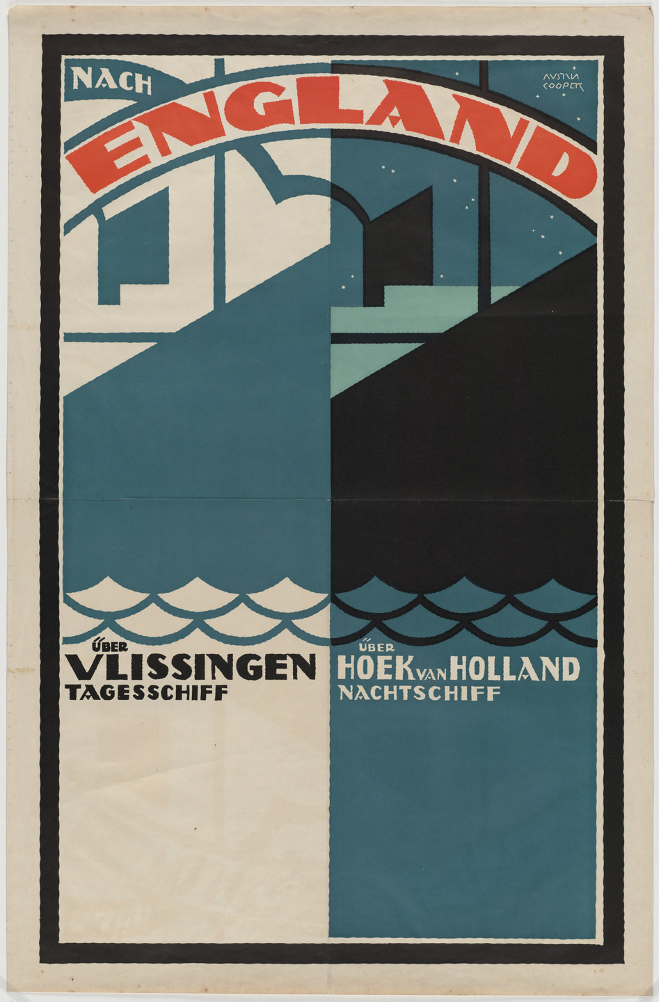 Austin Cooper. Nach England (To England) (Poster for ship travel from the Netherlands by day via Vlissingen and by night via Hoek). c. 1930