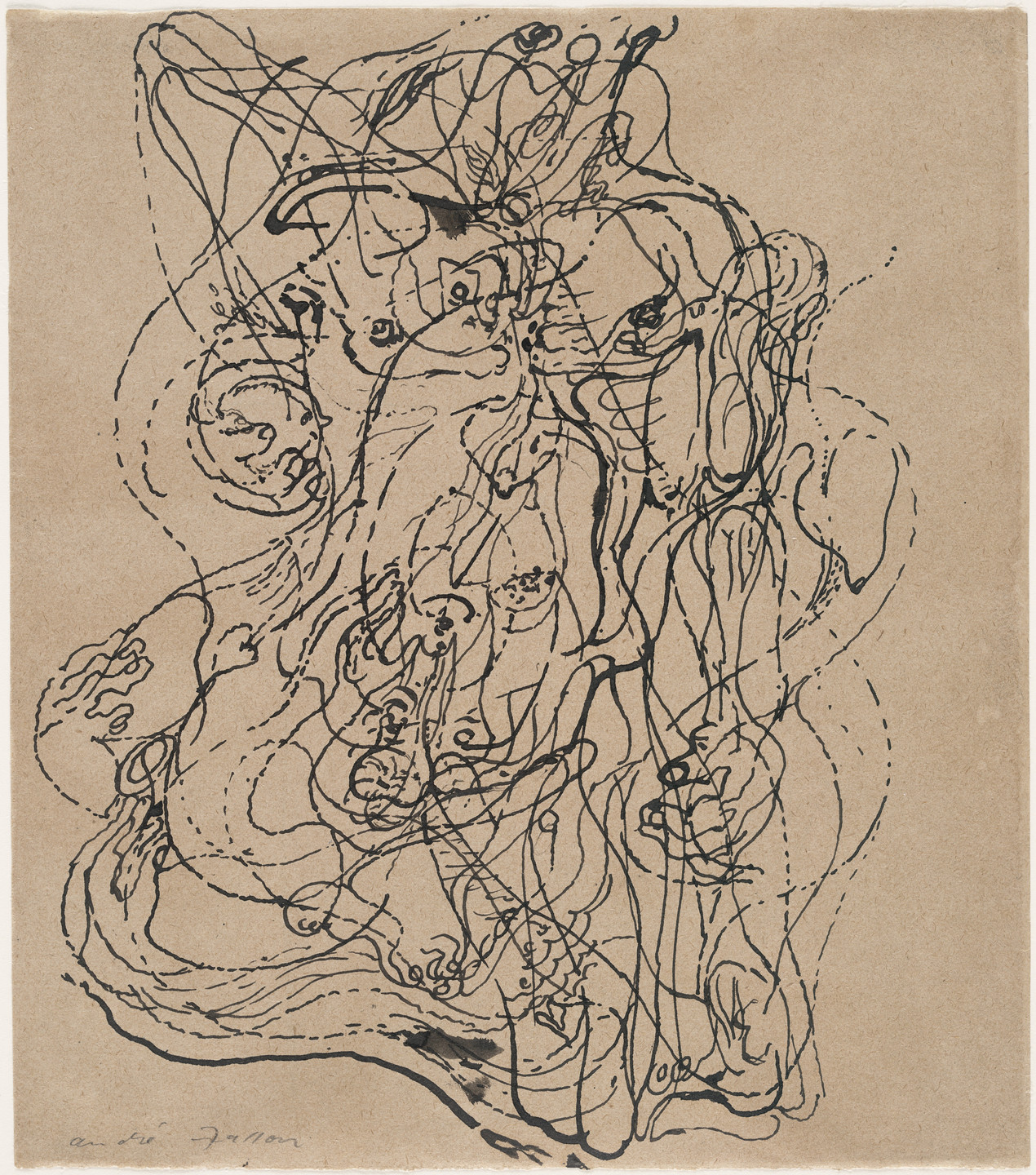 The image shows a busy composition of intertwining black lines and paint drips on a beige background. The lines form complex and overlapping shapes that are fluid and continuous. This is an AI generated description. To give feedback, email ai@moma.org.
