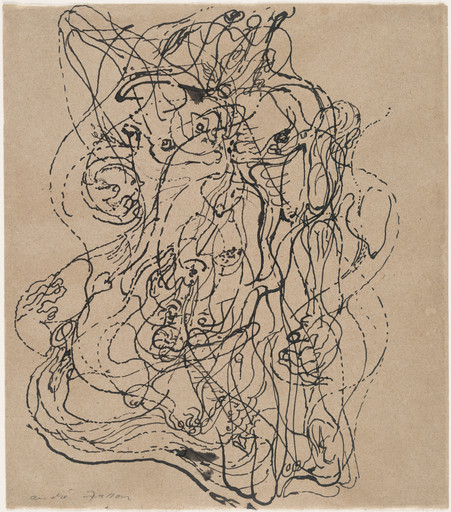 The image shows a busy composition of intertwining black lines and paint drips on a beige background. The lines form complex and overlapping shapes that are fluid and continuous. This is an AI generated description. To give feedback, email ai@moma.org.