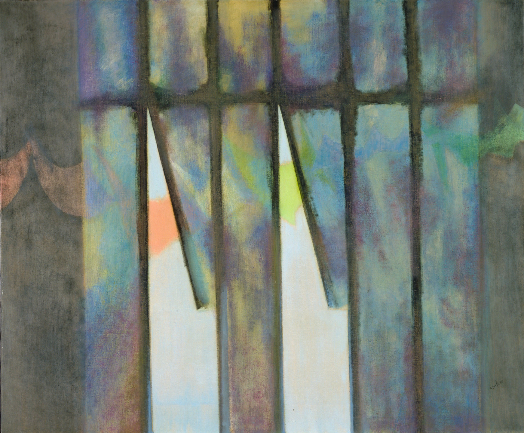 The image features a series of vertical and diagonal lines in muted shades of blue, green, and yellow along with areas of white and pink. The background is a rough texture blending into darker colors, mainly grey. This is an AI generated description. To give feedback, email ai@moma.org.