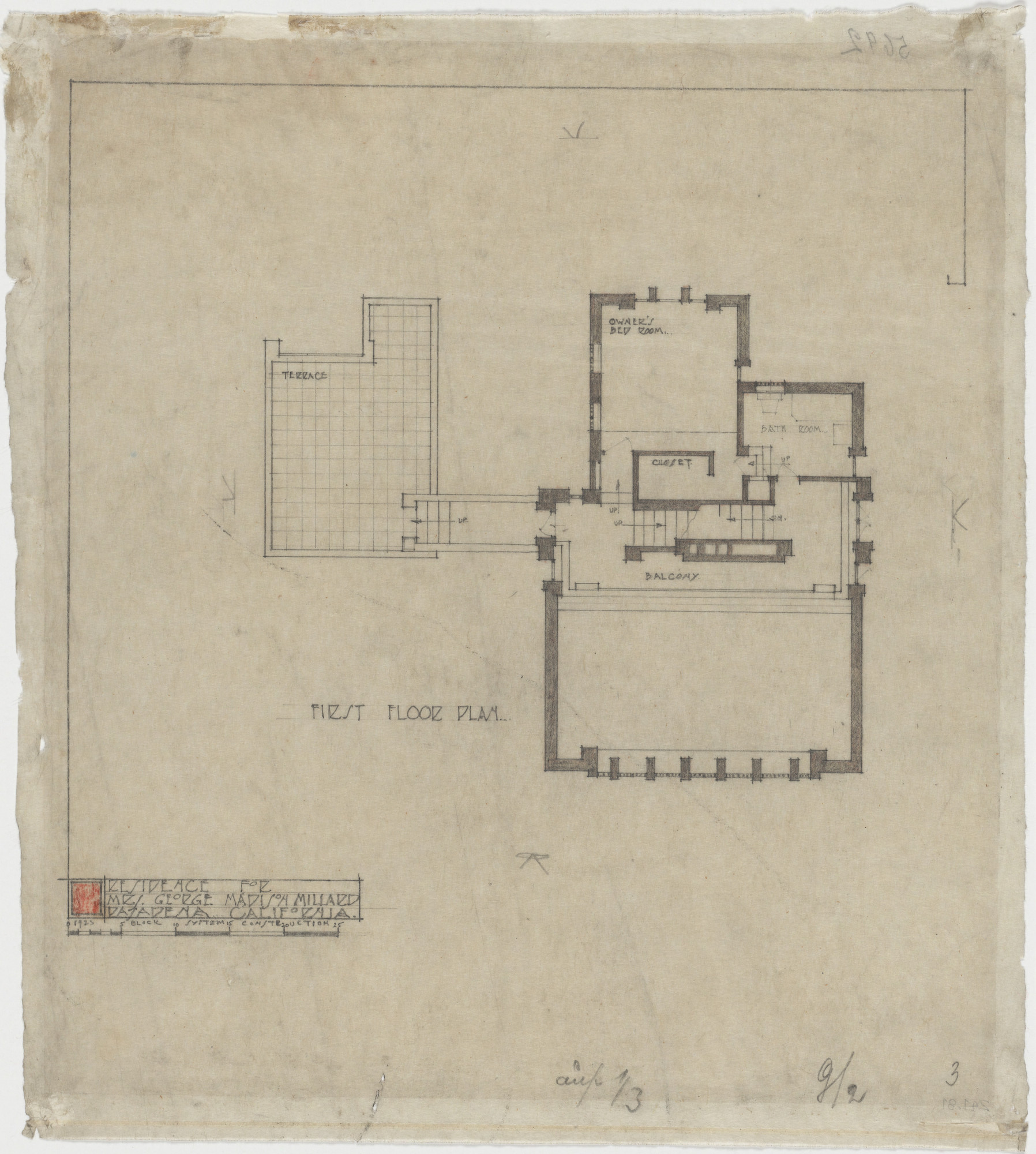 Frank Lloyd Wright. La Miniatura, Mrs. George Madison Millard House, Pasadena, California, Plan of first floor