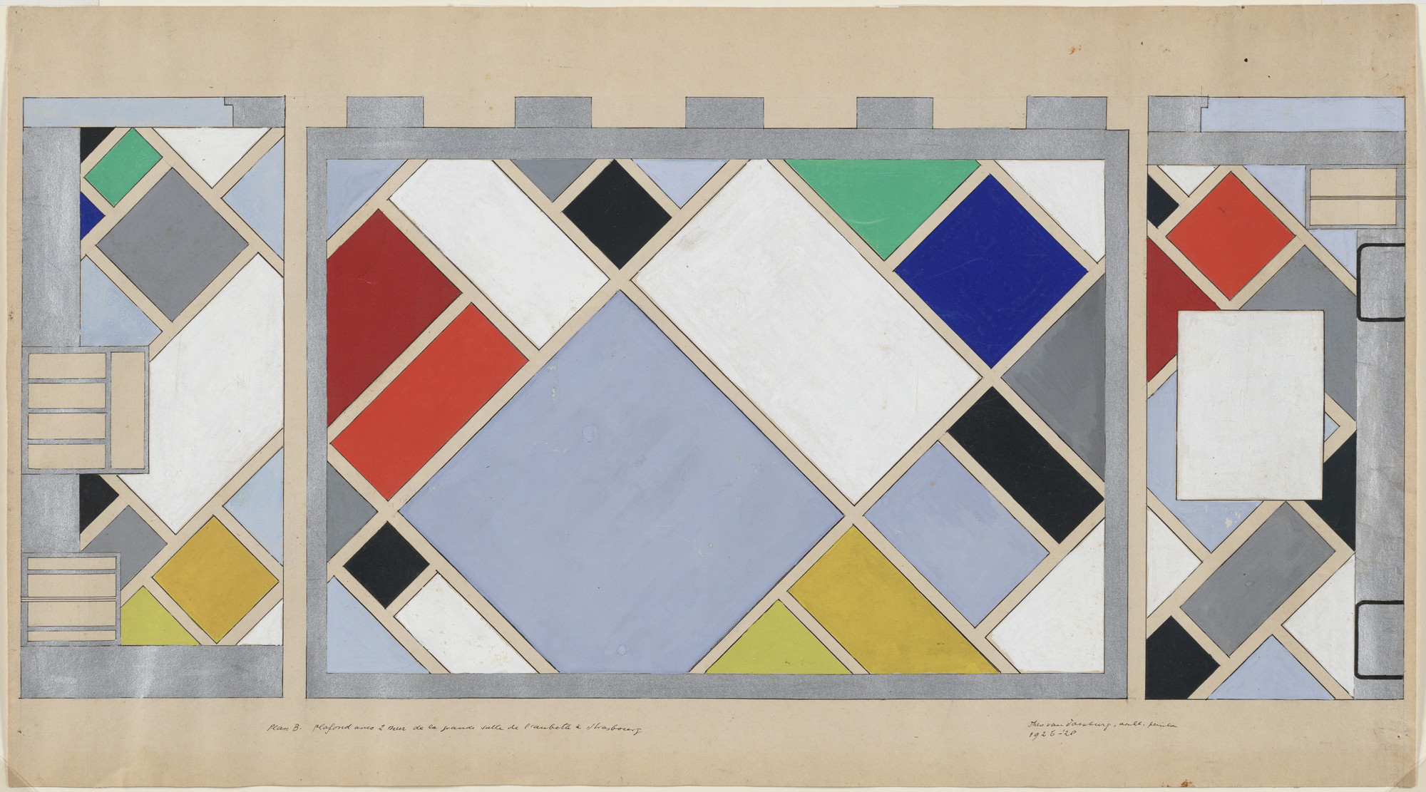 This horizontal geometric composition is made up of a variety of intersecting square and rectangular diamond shapes in red, blue, green, black, yellow, grey, and white. The shapes are outlined by beige borders and are set against a light beige background. This is an AI generated description. To give feedback, email ai@moma.org.