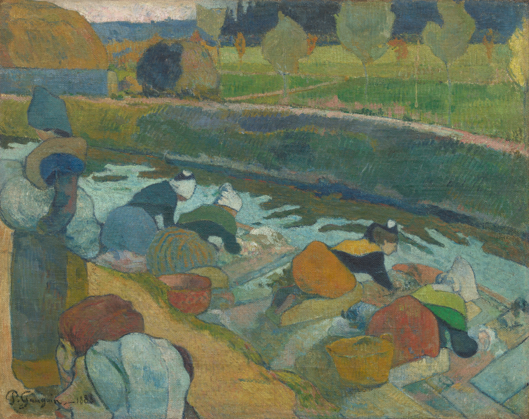 An oil painting depicts people washing clothes by a river, surrounded by trees and fields. Predominant colors include greens, blues, and earthy tones. This is an AI generated description. To give feedback, email ai@moma.org.