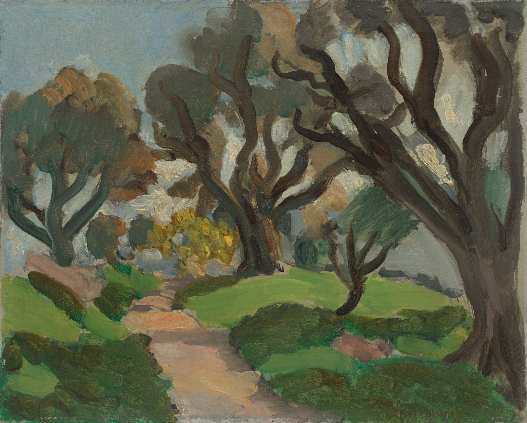 The image depicts a winding path through a landscape with several tall, dark trees with green and brown leaves, and patches of green grass on either side. The sky is mostly blue with some white and gray areas. This is an AI generated description. To give feedback, email ai@moma.org.